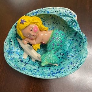 Handmade Hand painted Little Mermaid and Shell Blue Glitter Bed and Shark Toy